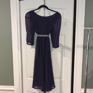 Chic Long Sleeve Navy Maternity Dress with Embellished Waist